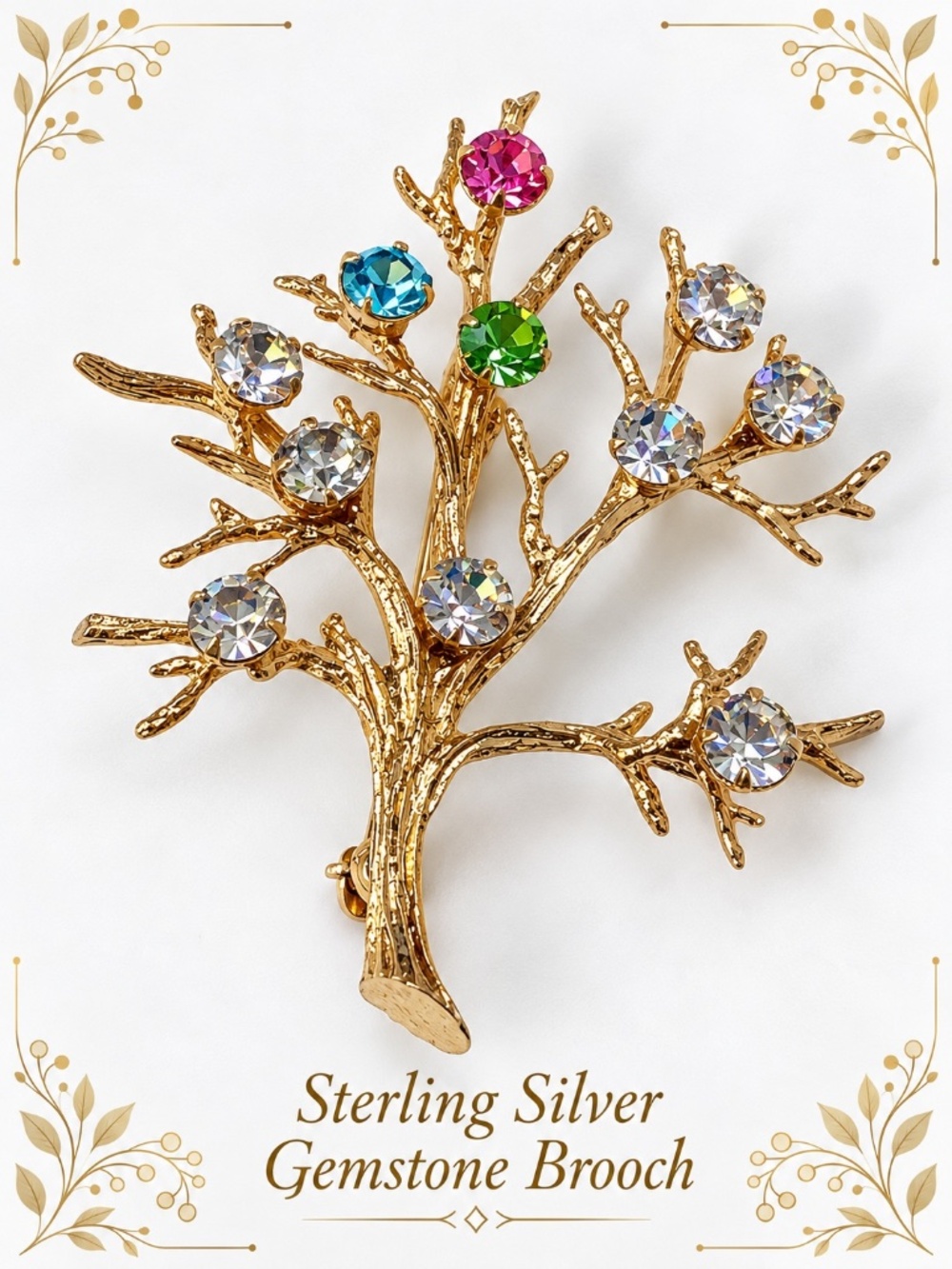 Sterling under gold vermeil catamore vintage stamped rhinestone prong set brooch